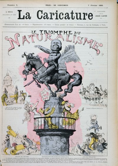 De triomf van het naturalisme, karikatuur van Emile Zola (1840-1902) illustratie uit 